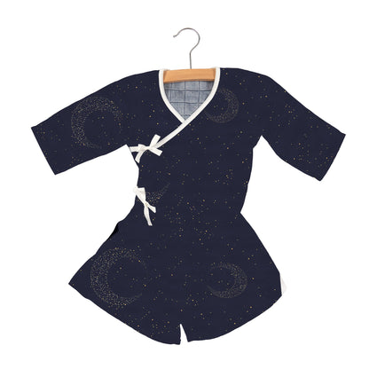 Lavender Charlie Midnight Moon Bamboo Newcastle Mini Robe for kids, soft bamboo fabric with moon pattern, cozy and comfortable.