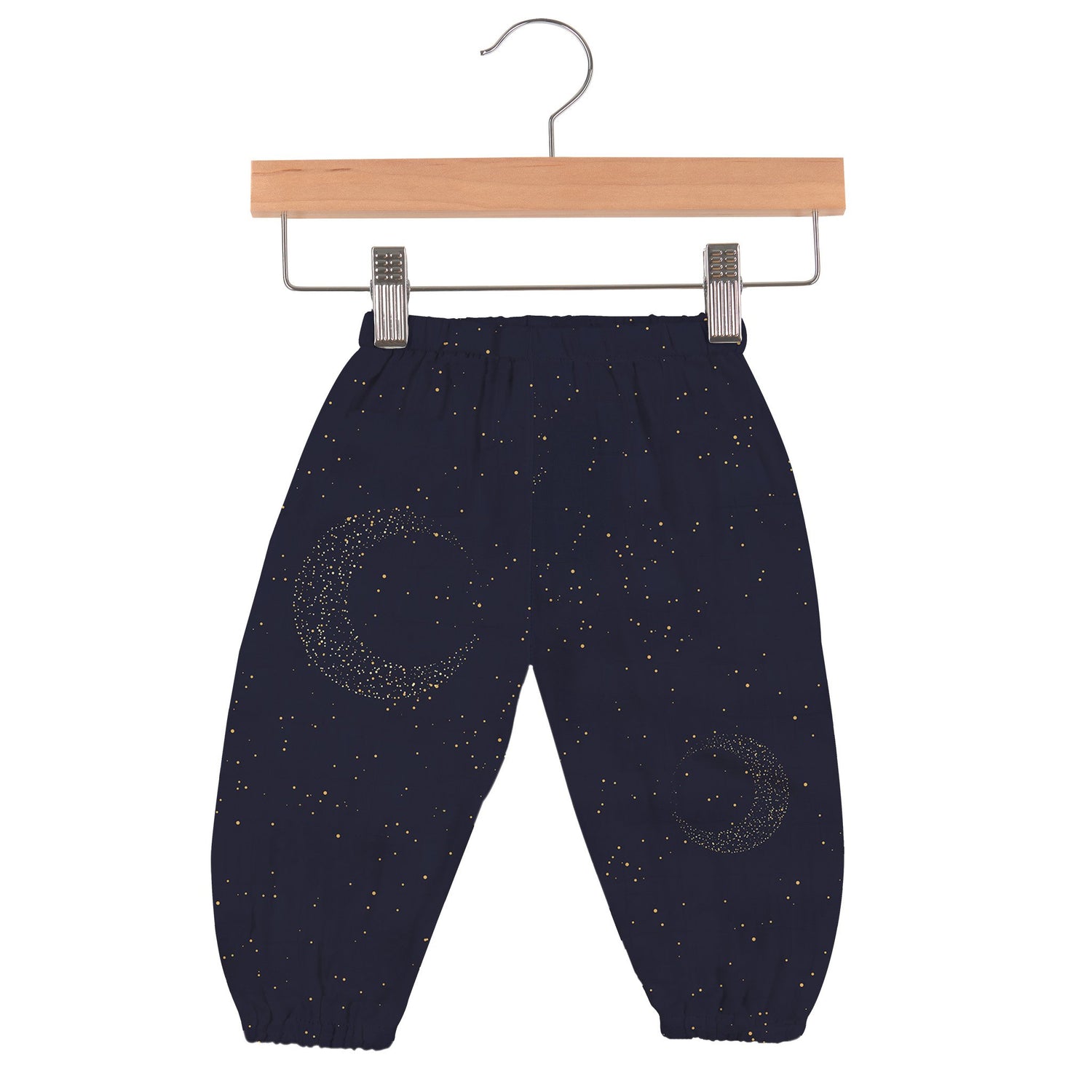 Kids and babies Midnight Moon Bamboo Newcastle Mini Pants by Lavender Charlie, soft bamboo fabric, comfortable fit, displayed on a child.