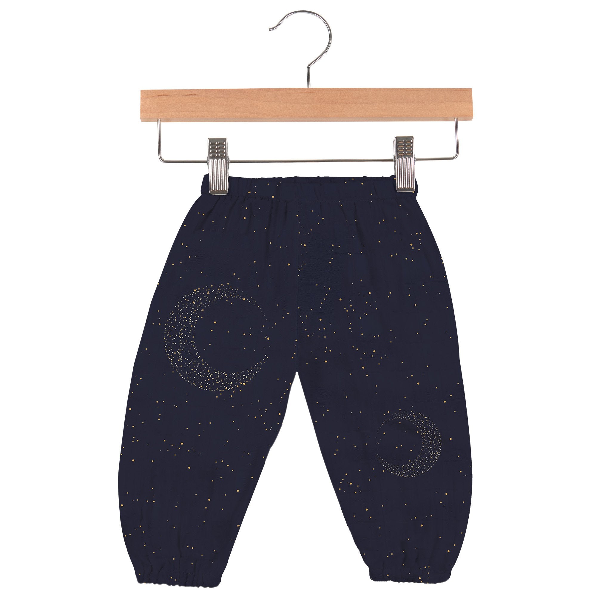 Kids and babies Midnight Moon Bamboo Newcastle Mini Pants by Lavender Charlie, soft bamboo fabric, comfortable fit, displayed on a child.