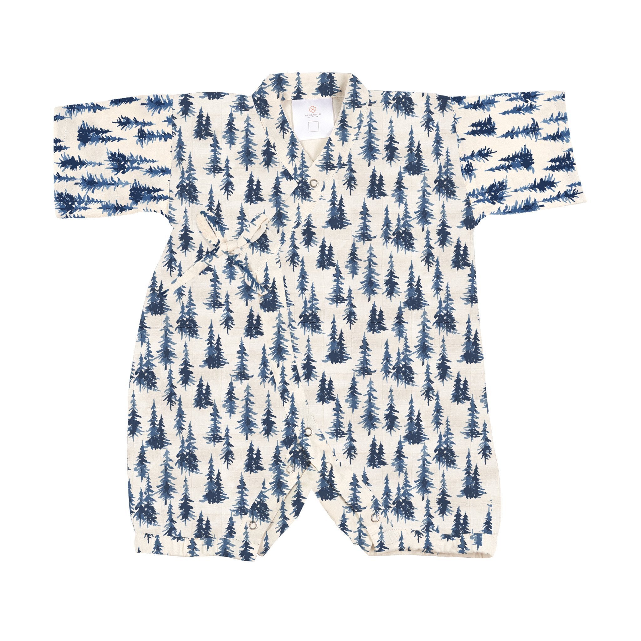 Kids and babies Indigo Forest Bamboo Newcastle Mini Kimono Jumpsuit by Lavender Charlie, featuring a soft bamboo fabric and kimono style.