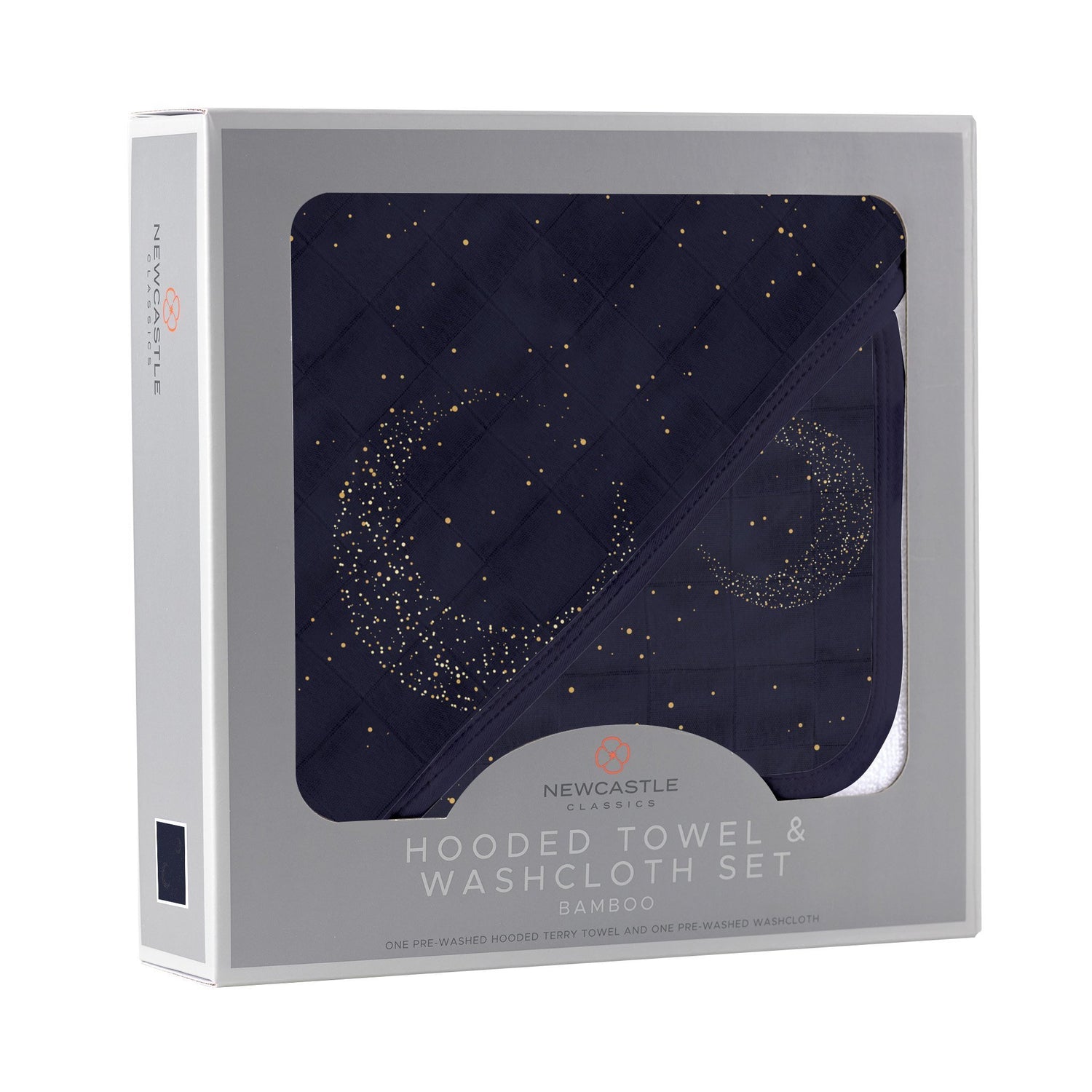 Lavender Charlie Midnight Moon bamboo hooded towel and washcloth set for kids and babies, soft and absorbent in midnight moon design.