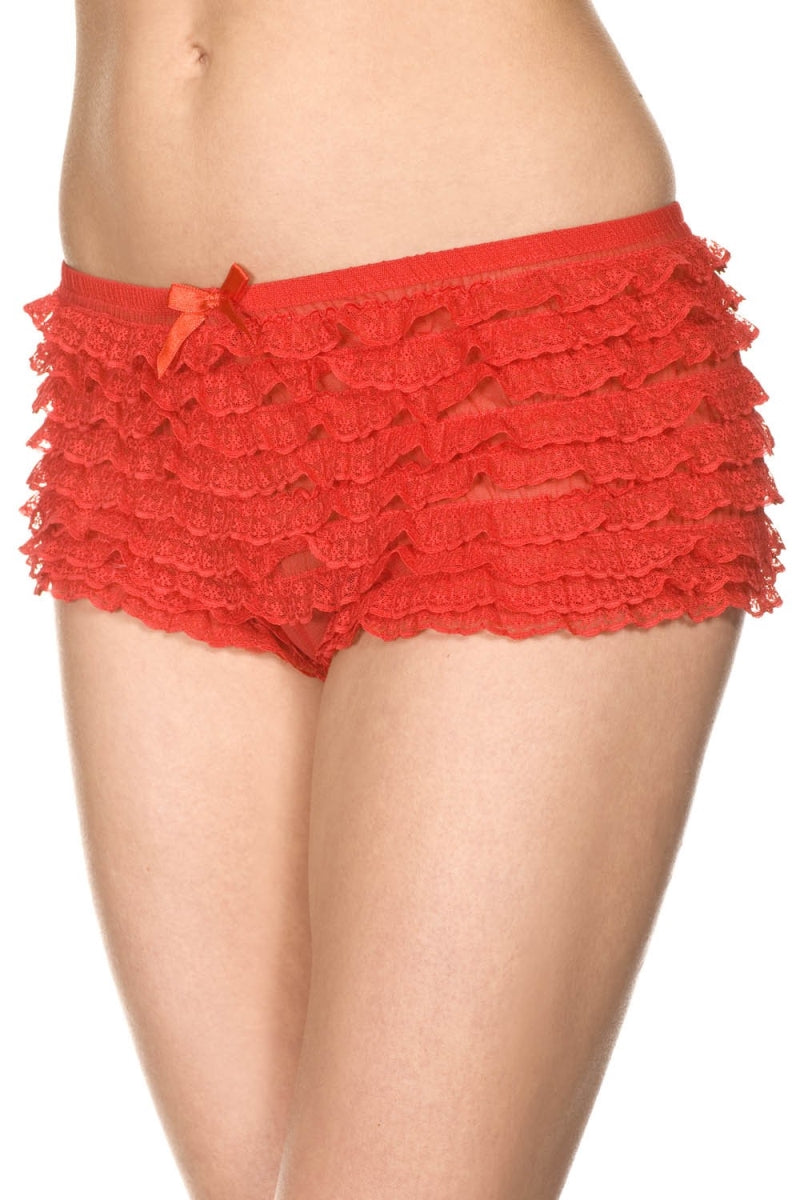 Red Music Legs 115-RED micro mesh lace ruffle trim tanga short from Rose Chloe, featuring delicate lace and lightweight mesh fabric.