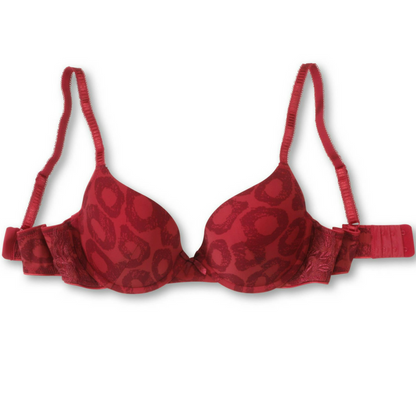 Lime Lucy Sassa Red Animal Print Molded Plunge Bra with adjustable straps and underwire support, featuring bold leopard pattern.