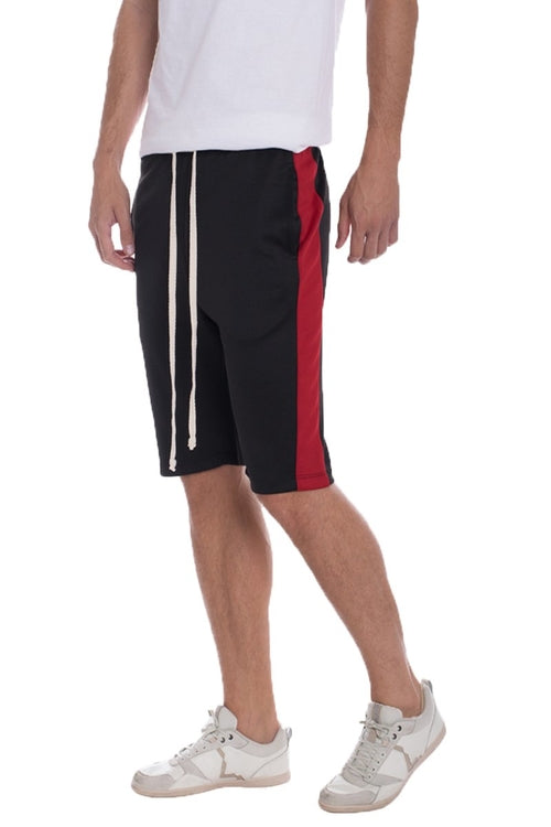 Black and red single stripe shorts by Lime Milo, casual athletic shorts with bold stripe detail.