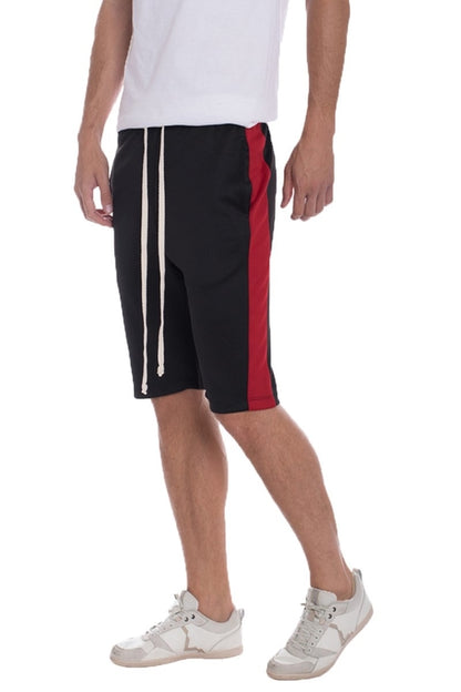Black and red single stripe shorts by Lime Milo, casual athletic shorts with bold stripe detail.