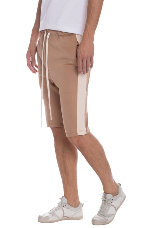 Lime Milo single stripe shorts in mocha sand color, featuring a stylish design and comfortable fit, shown on a model.