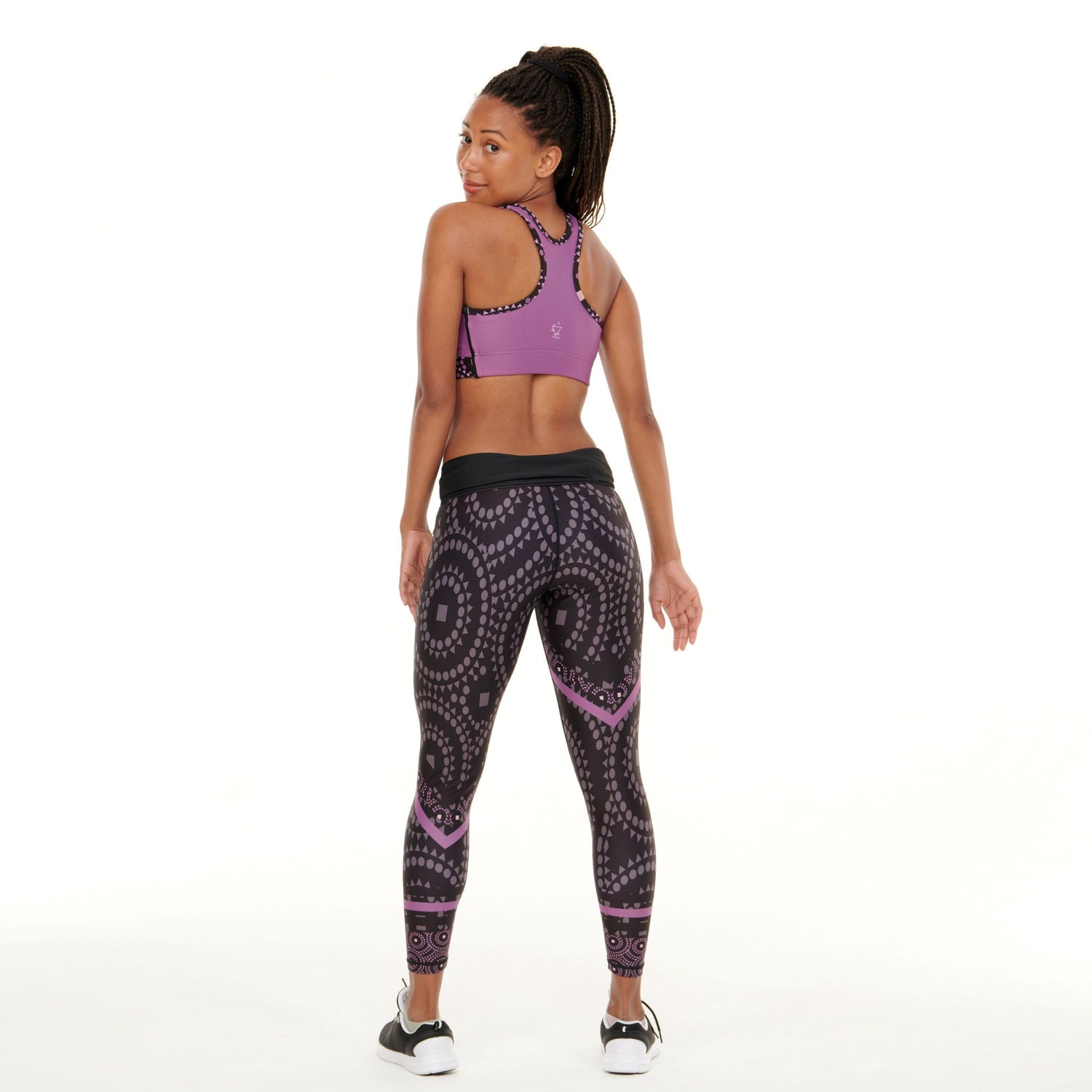 White Oliver Signature On Purple Splash activewear leggings without pockets, featuring vibrant purple splash design and comfortable fit.