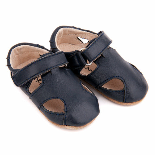 Rose Chestnut navy baby and toddler first walker sandals, soft leather footwear for pre-walkers with adjustable straps.