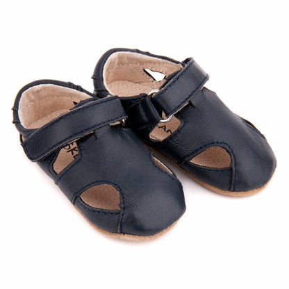 Rose Chestnut navy baby and toddler first walker sandals, soft leather footwear for pre-walkers with adjustable straps.