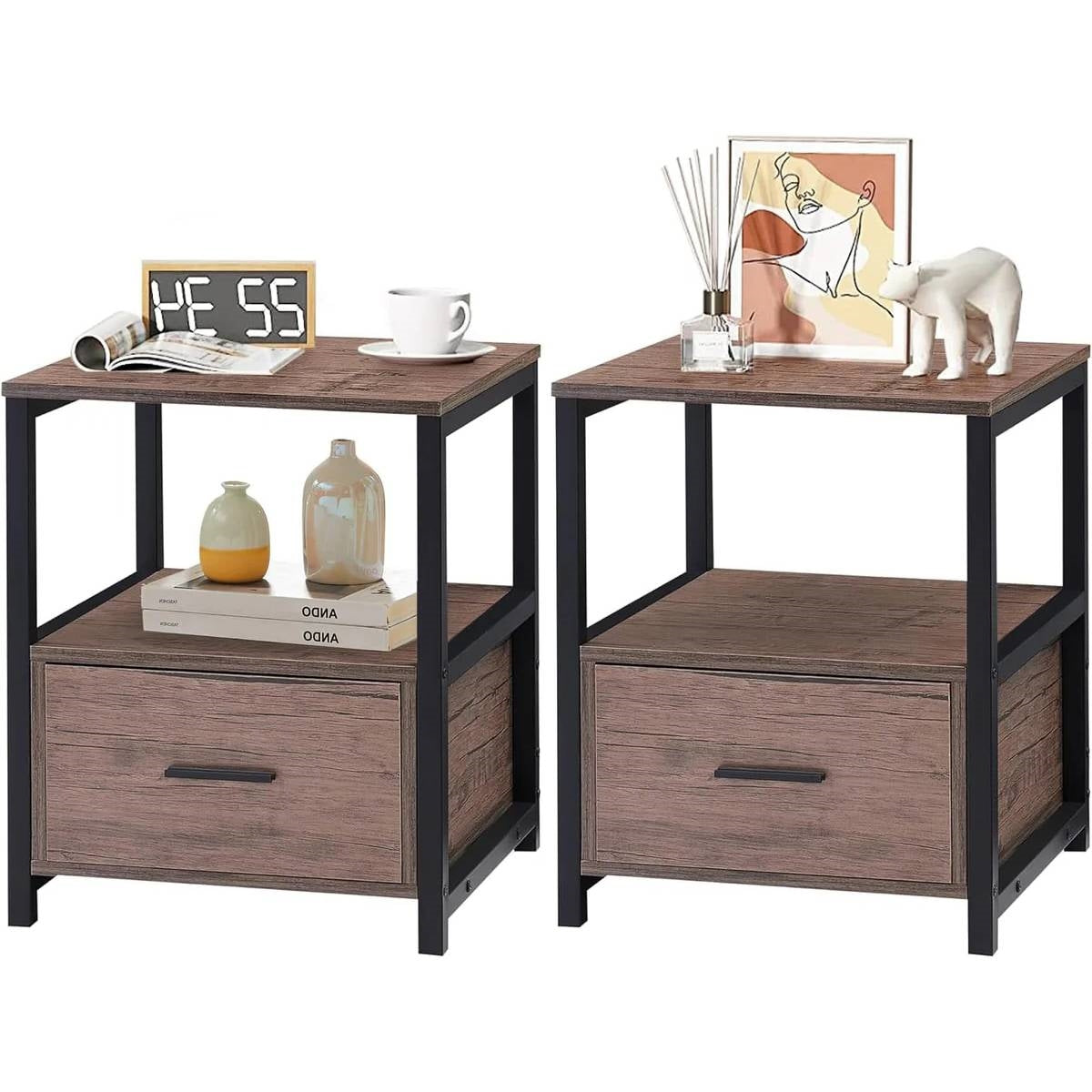 Set of 2 - Modern Metal Wood Side End Table Nightstand with Storage Drawer