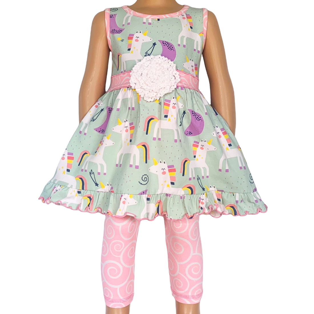Black Simba girl’s unicorn rainbow dress with pink swirl leggings, featuring colorful unicorn and rainbow print for kids.