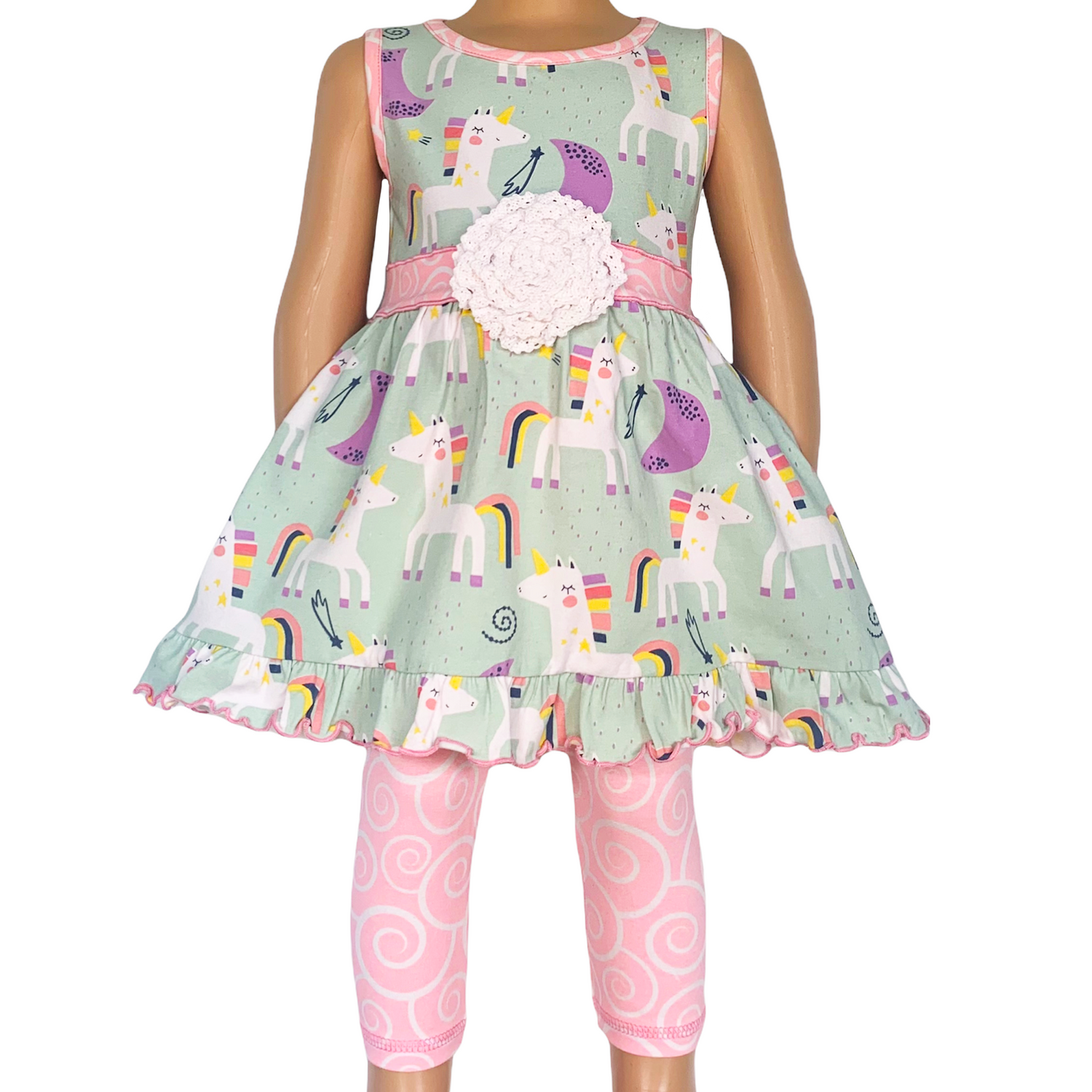 Black Simba girl’s unicorn rainbow dress with pink swirl leggings, featuring colorful unicorn and rainbow print for kids.