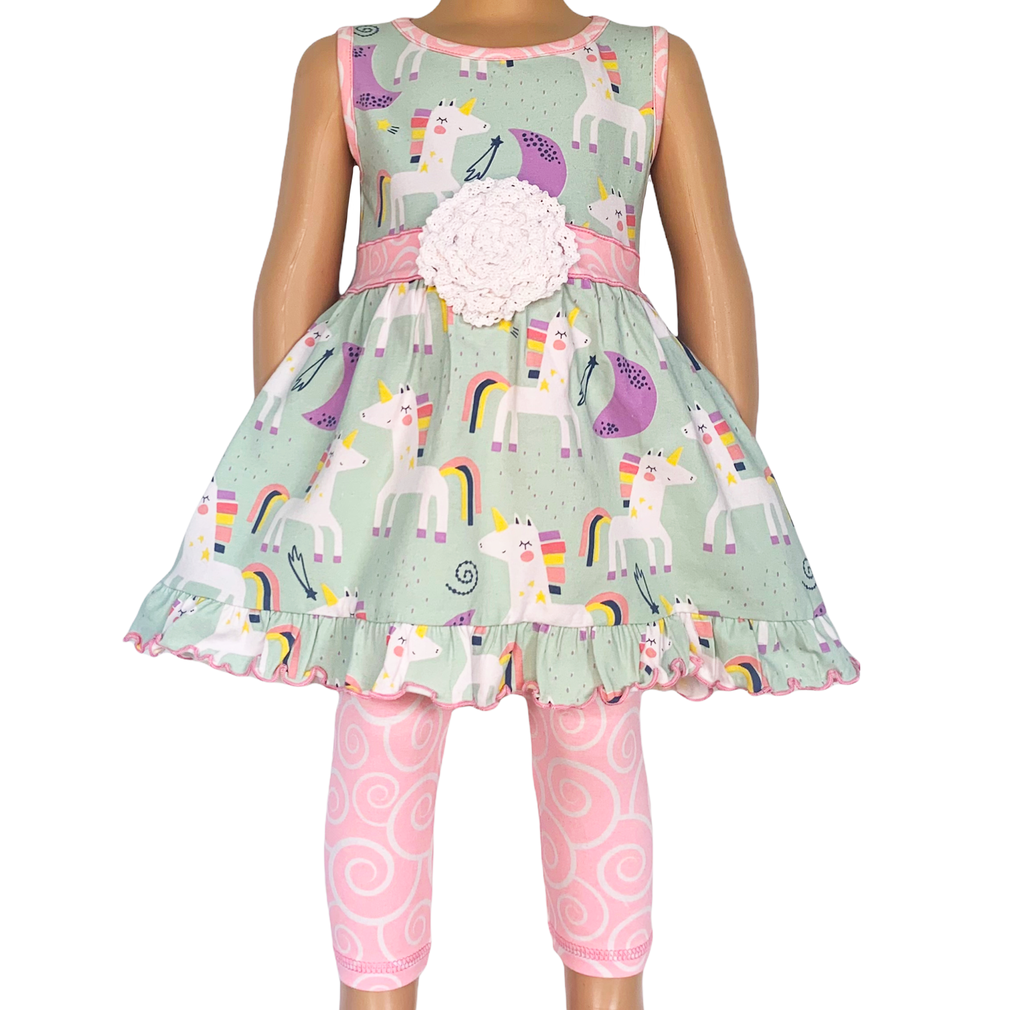 Black Simba girl’s unicorn rainbow dress with pink swirl leggings, featuring colorful unicorn and rainbow print for kids.