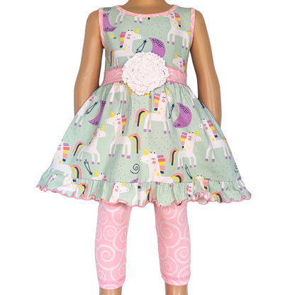 Black Simba girl’s unicorn rainbow dress with pink swirl leggings, featuring colorful unicorn and rainbow print for kids.