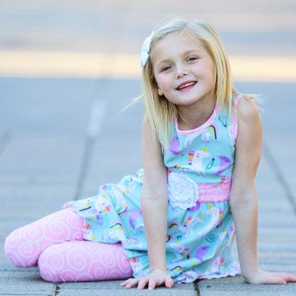 Black Simba AnnLoren girls unicorns rainbow dress with pink swirl leggings, colorful kid&
