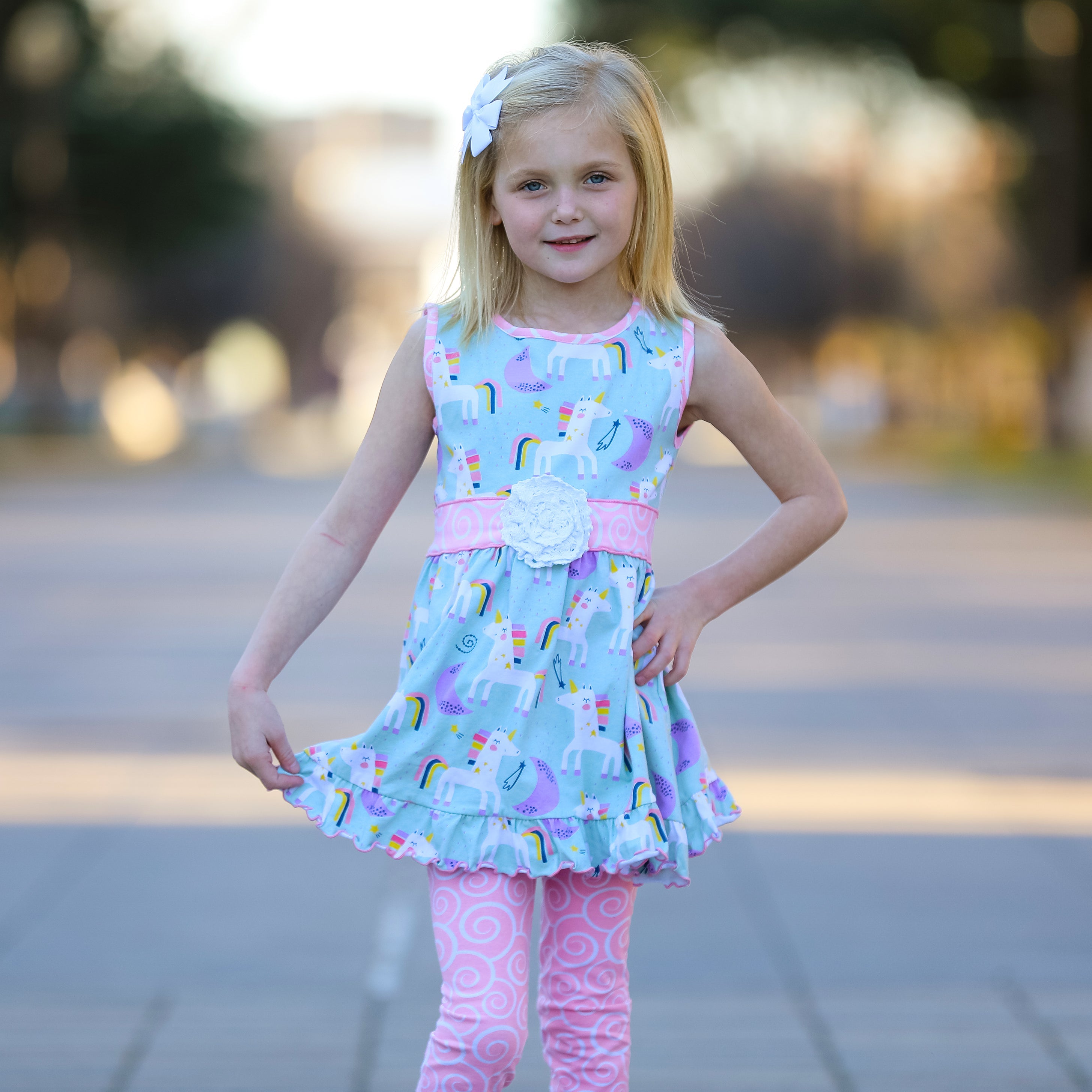 Black Simba AnnLoren girls unicorns rainbow dress with pink swirl leggings, colorful and playful kid&
