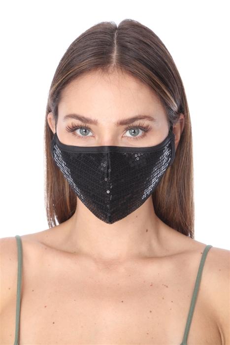 Kyanite Fashion Mask 101 black sequins face mask with double-layer design, showing sparkling sequins and comfortable fit.