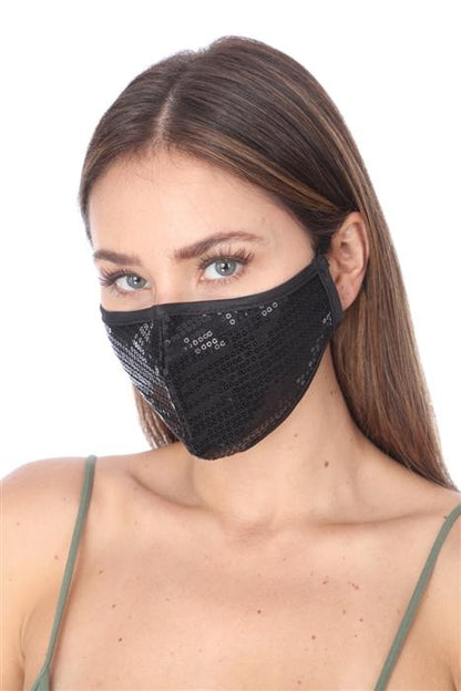 Kyanite Fashion Mask 101 black sequins face mask with double layer, stylish accessories for fashion and protection.