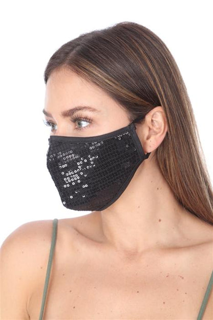 Kyanite Fashion Mask 101 black sequins face mask with double layer, stylish accessories for fashionable face covering.