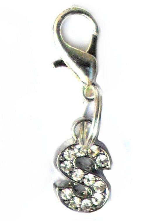 Salmon Oscar A-Z Crystal Letter pet charm attached to a colorful pet collar with shiny crystal embellishments.