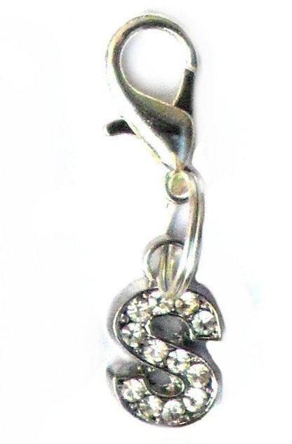 Salmon Oscar A-Z Crystal Letter pet charm attached to a colorful pet collar with shiny crystal embellishments.