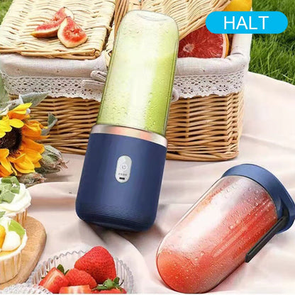 Yellow Pandora twin gear portable juice blender for kitchen use, showing the compact design with blending jar and control buttons.