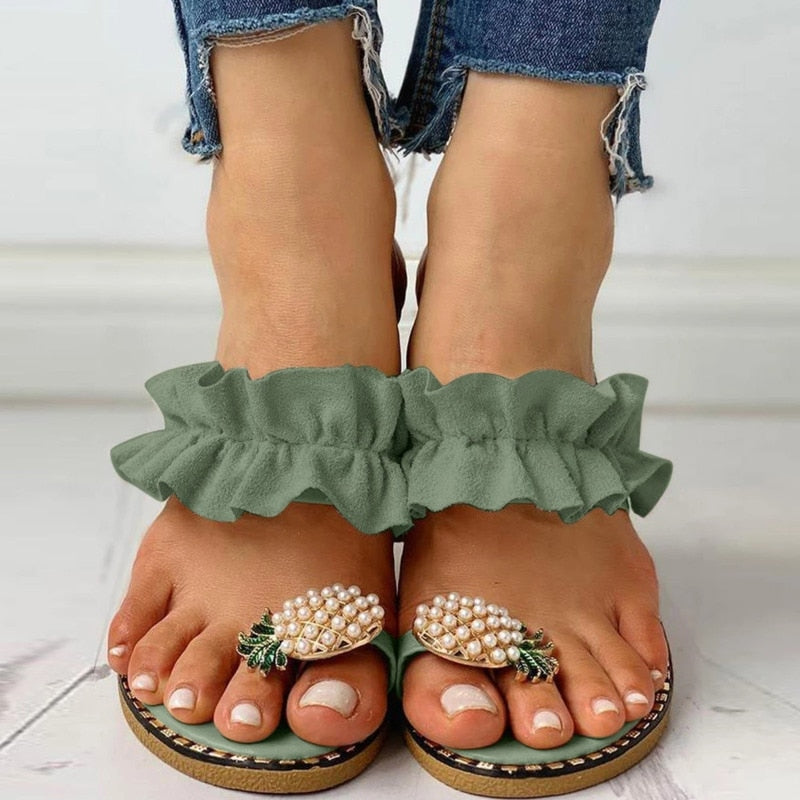 Coffee Jasper pineapple pearl beach slides for women with flat toes, casual sandal design, perfect for summer wear.