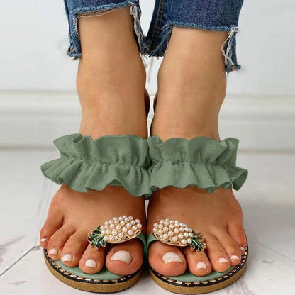 Coffee Jasper pineapple pearl beach slides for women with flat toes, casual sandal design, perfect for summer wear.
