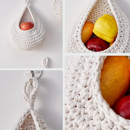 Three woven wall hanging fruit baskets by Maroon Asteria for kitchen decor, used to hold fresh produce and enhance space.