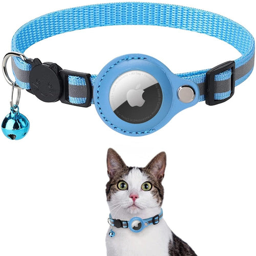 Yellow Pandora reflective Airtag collar case for cats and dogs, attached to a pet collar with safety reflective material.
