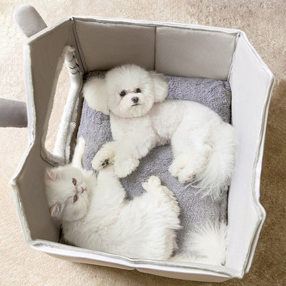 Yellow Pandora plush pet house with removable roof, cozy pet shelter suitable for small pets, in soft, plush fabric.