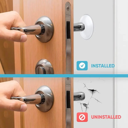 Transparent soft silicone door stopper bumper with self-adhesive backing, shown in close-up on a door edge.