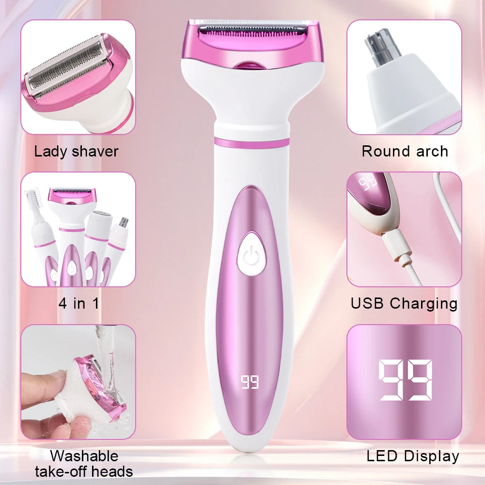 Maroon Asteria 4-in-1 electric lady shaver for body hair removal, featuring a painless design and multiple attachments for smooth skin.