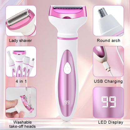 Maroon Asteria 4-in-1 electric lady shaver for body hair removal, featuring a painless design and multiple attachments for smooth skin.