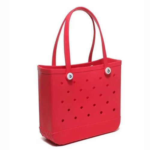 Raspberry Eurybia waterproof EVA rubber tote bag for beach, featuring a durable, fashion-forward design with spacious interior.
