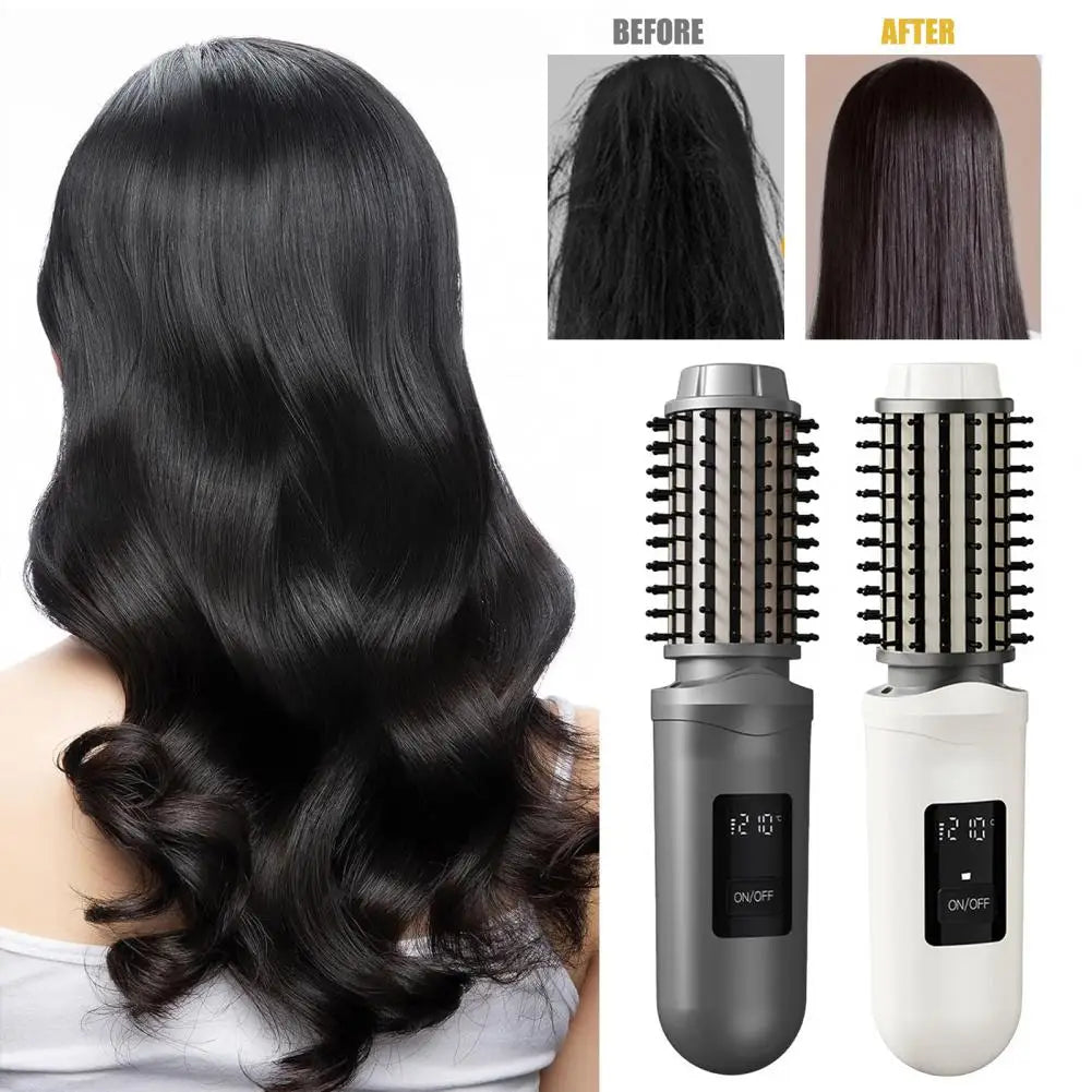 Maroon Asteria cordless USB rechargeable hair curling iron brush with heated round design for easy styling on the go