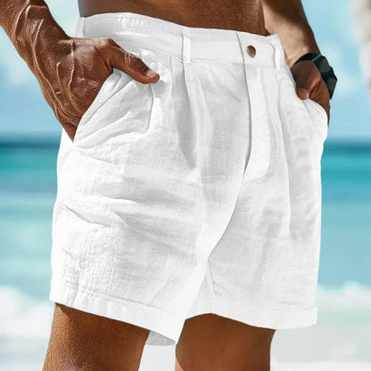 Raspberry Eurybia linen-cotton beach shorts featuring a relaxed fit and tropical print, perfect for beach holiday casual wear.