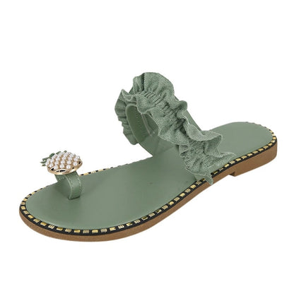 Silver Juneberry pineapple pearl beach slides for women, flat toe casual sandals with colorful pineapple and pearl embellishments.