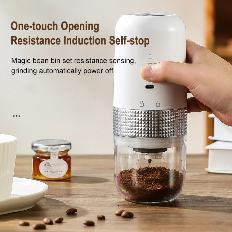 Maroon Asteria electric kitchen coffee grinder with USB wireless connectivity and ceramic grinding mechanism.