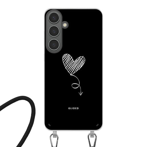 Olive Lemon Dark Heart Samsung Galaxy S24 Plus case with crossbody strap, protective cover with dark heart design.