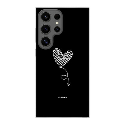 Olive Lemon dark heart Samsung Galaxy S24 Ultra soft phone case showing a black heart design on the cover.