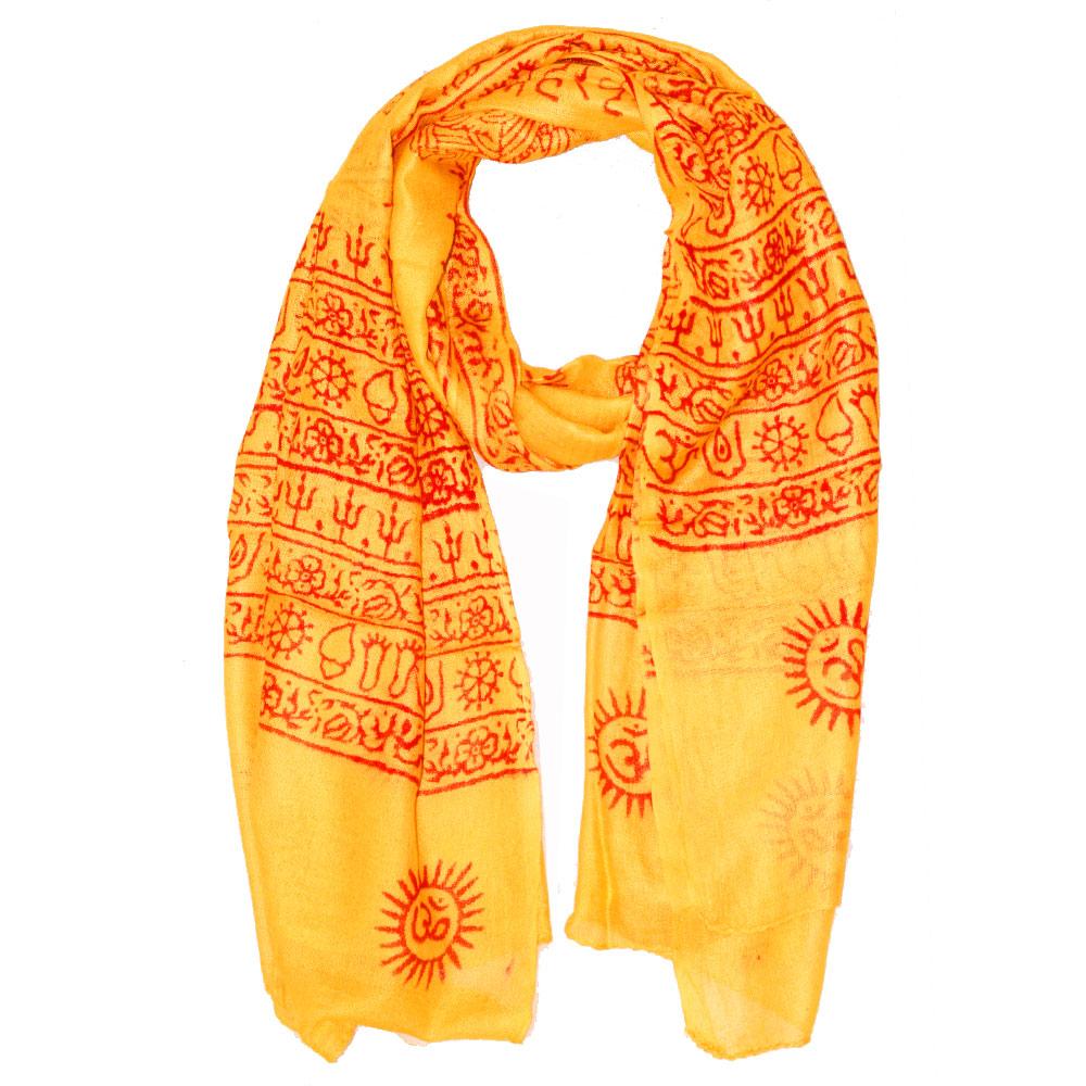 Yellow Primordial Om and Ganesha printed scarf from Silver Hestia featuring vibrant, intricate Hindu symbols on lightweight fabric.