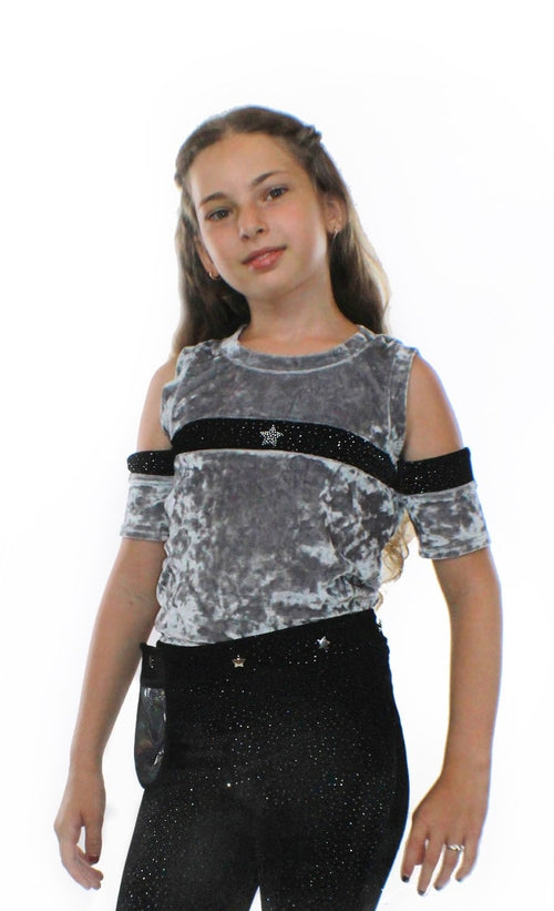 Kids and babies silver crushed velvet and glitter Saturn top by Sky Blue Beech, showing a close-up of the textured fabric and design.