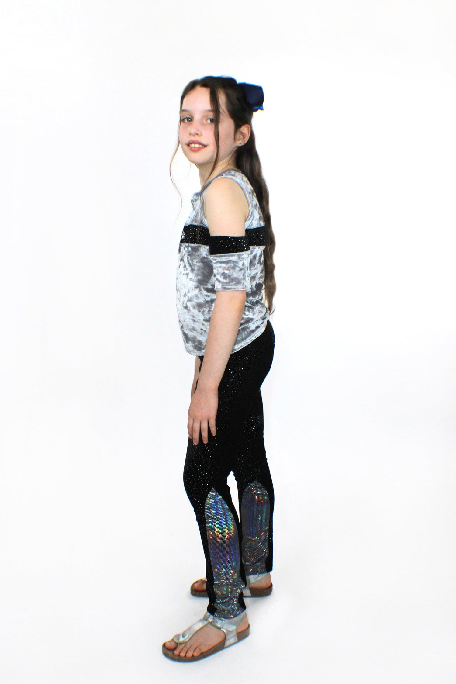 Kids Saturn silver crushed velvet and glitter top by Sky Blue Beech, featuring a stylish, shiny design for children and babies.