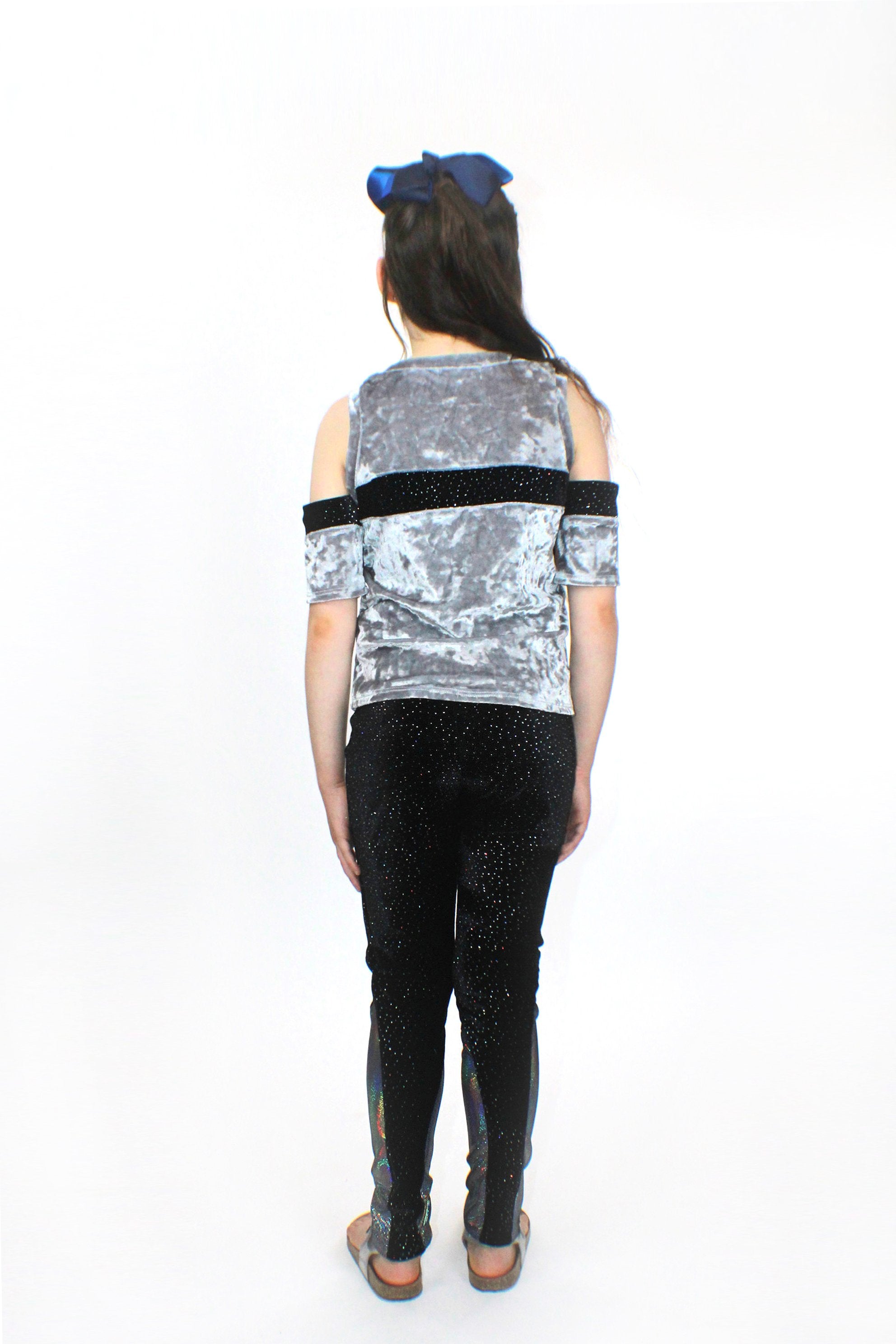Silver crushed velvet and glitter Saturn top for kids by Sky Blue Beech, featuring a shiny, textured design in the image.