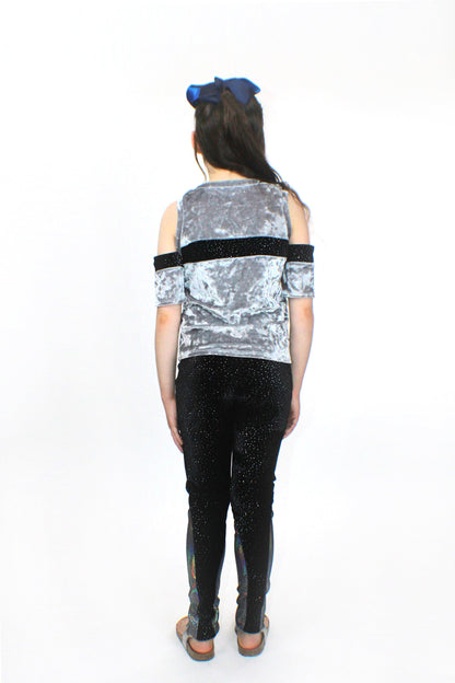 Silver crushed velvet and glitter Saturn top for kids by Sky Blue Beech, featuring a shiny, textured design in the image.
