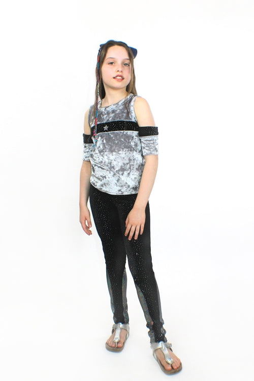Silver crushed velvet and glitter Saturn-themed top for kids by Sky Blue Beech, featuring a shiny, textured fabric design.