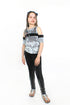 Silver crushed velvet and glitter Saturn-themed top for kids by Sky Blue Beech, featuring a shiny, textured fabric design.