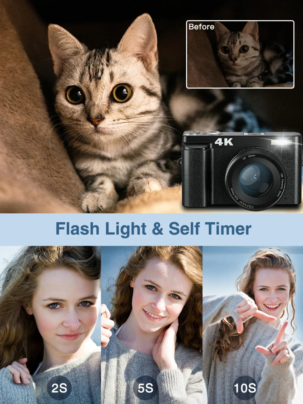 4K Digital Camera with Autofocus Anti-Shake Black