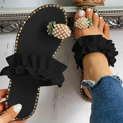 Coffee Jasper pineapple pearl beach slides for women with flat toe casual sandal design, perfect for summer wear.